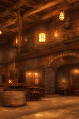 Fototapeta na wymiar Fantasy medieval tavern background with grand fireplace. 3d rendering - generative ai