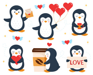 Collection of cute penguins with hearts. Set of elements for the design of cards for Valentine's Day. Vector illustration