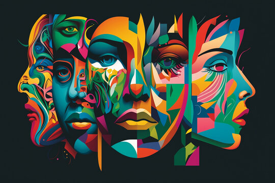 Collage of colorful human faces illustration painting style