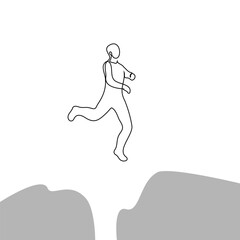 jump between rocks - one line drawing vector. concept of a man in full growth in a jump over an abyss
