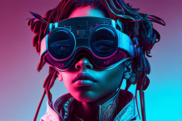 Boy wearing virtual reality VR headstet. Futuristic portrait. Technology and cyber space concept. Generative AI
