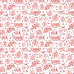 Hand Drawn Doodle Fruits with spiral pattern Seamless pattern. Abstract Red striped fruits and berries: watermelon, apple, pear, grapes, strawberries, plums, cherries. Vector illustration