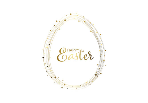 Happy Easter minimalistic card template with Easter egg made from golden lines