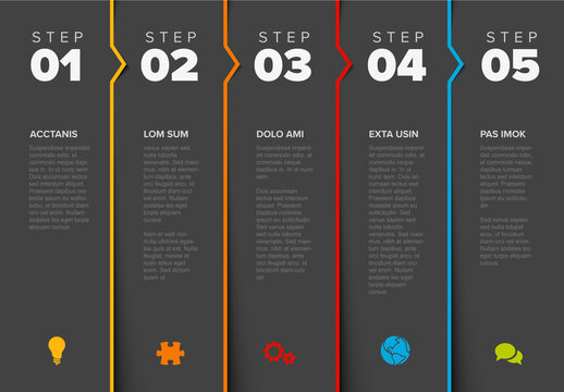 Five dark gray steps progress page template with color borders, arrows and icons