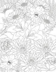 Vector carpet of flowers. Antistress coloring book for adults.   