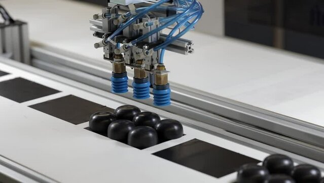 Vacuum Suction Pick and Place Robotic Arm Small Parts at Conveyor
