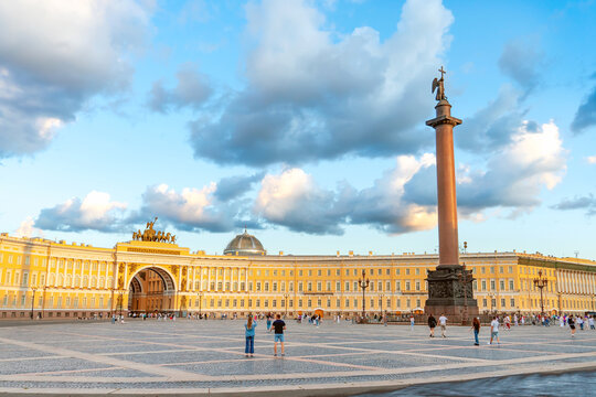 General Staff Building and Alexander column on Palace square in St. Petersburg at sunset, Russia