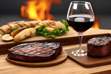 Steaks and wine on the background of fire. AI generative.
