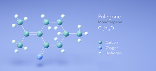 pulegone molecule, molecular structures, monoterpene, 3d model, Structural Chemical Formula and Atoms with Color Coding
