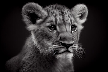 Obraz na płótnie Canvas Schwarz weiß Portrait von einem Baby Löwe. Perfektes Wandbild - Generative Ai