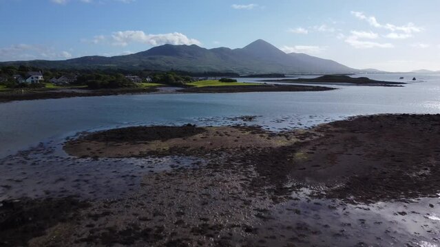 Stunning aerial over water of Croagh Patrick mountain in Ireland