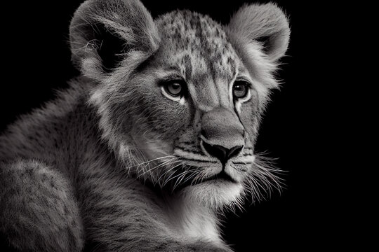 Schwarz weiß Portrait von einem Baby Löwe. Perfektes Wandbild - Generative Ai
