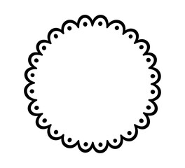 Fototapeta premium Doodle circle scalloped frame. Hand drawn scalloped edge ellipse shape. Simple round label form. Flower silhouette lace frame. Vector illustration isolated on white background.