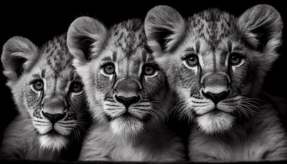 Schwarz weiß Portrait von drei kleinen Löwenbabys. Perfektes Wandbild - Generative Ai