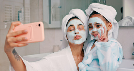 Beauty, skincare and facial with mother and girl and selfie in bathroom for health, spa and wellness. Luxury, product and mask on face with mom and child in family home for happy, peace and relax
