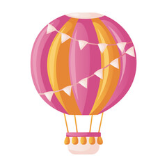 Cute pink hot air balloon with flying flags. Boho colorful aerostat for children, nursery. Baby shower invitation. It's a girl. Hello baby celebration, holiday, event. Banner, flyer. Cartoon vector