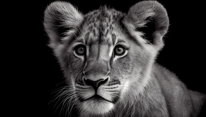 Schwarz weiß Portrait von einem Löwenwelpe. Perfektes Wandbild - Generative Ai