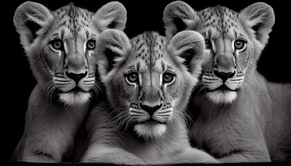 Schwarz weiß Portrait von drei Löwenbabys. Perfektes Wandbild - Generative Ai