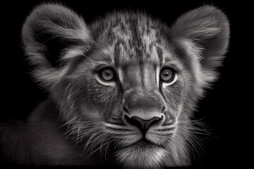 Schwarz weiß Portrait von einem Löwenbaby. Perfektes Wandbild - Generative Ai