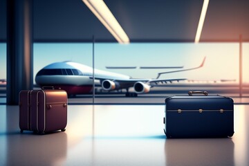 Fototapeta premium Suitcases and trolley in airport. Travel concept. 3d rendering.