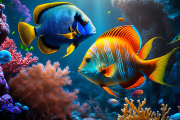 Fototapeta na wymiar Coral reef scenery with tropical fish, Generative AI