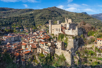 Fototapeta na wymiar Dolceacqua, Italy - ruins of hilltop castle and cityscape