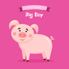 Vector National Pig day card template. Cartoon cute pig on pin background. Poster for holiday event 1 march