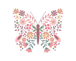 Butterfly with colorful cute floral wings, vector design for fashion, poster and card prints