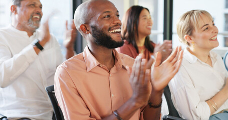 Applause, crowd and seminar with a business team clapping during a convention or training in the...