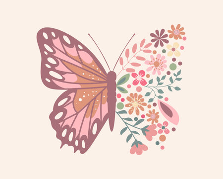 Butterfly with colorful cute floral wings, vector design for fashion, poster and card prints