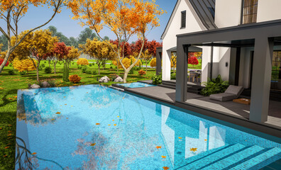 3d rendering of cute cozy white and black modern Tudor style house with parking  and pool for sale or rent with beautiful landscaping. Fairy roofs. Clear sunny autumn day with golden leaves anywhere