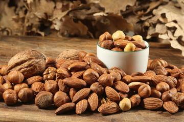 Different kinds of nuts in white cup, hazelnuts, almonds, walnuts on wooden table with autumn leaves, edible seed kernels