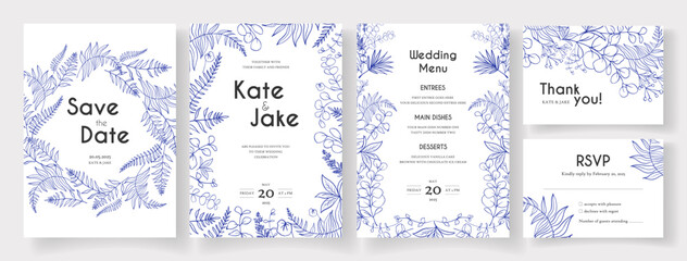 Wedding cards collection with herbs, eucalyptus and fern branches hand drawn with blue ink on white.