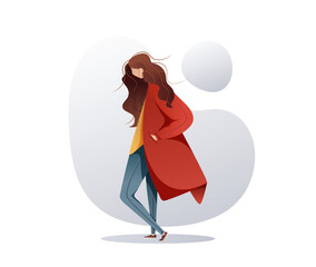 white girl with dark hair in a red cloak, blue jeans, krasovki and a yellow t-shirt on a gray abstract background in a flat style