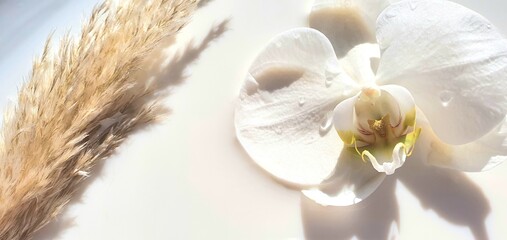 White orchid on a white milky background. Flower and milk. Background for advertising cosmetics. Delicate flower. Women's beauty, hydration and youthfulness of the skin. Postcard with an orchid.