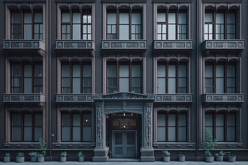 Fototapeta premium The facade of a modern office or apartment building features windows and balconies, symmetry architecture