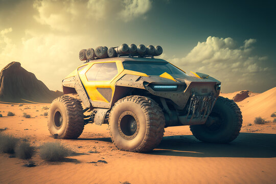 Off-road vehicle moving on dirt road against sky during a sunny day, Generative AI