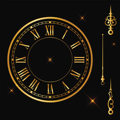 Gold vintage clock with Roman numeral and countdown midnight, eve for New Year. Golden wall clock-face dial at transparent background. Vector illustration.