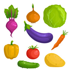 Cartoon vegetables. Cabbage, onion, pepper, beetroot, eggplant, tomato, cucumber, potato, carrot. Vector graphic.