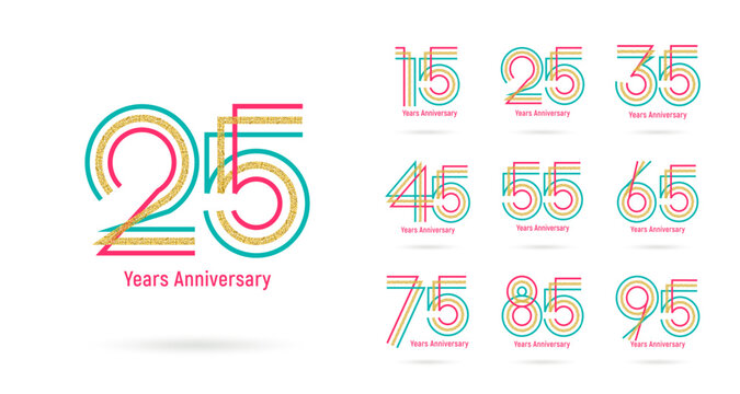 25th anniversary set 15 25 35 45 55 65 75 85 95 vector template. Design for a birthday celebration, greeting card and invitation card.
