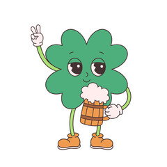 Trendy retro cartoon character four leaf clover with beer. Happy Saint Patricks Day. Groovy style, vintage, 70s 60s aesthetics. Vector illustration