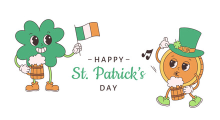 Trendy retro cartoon characters Clover with four leaf and Gold Coin. Happy Saint Patricks Day greeting card. Groovy style, vintage, 70s 60s aesthetics. Vector illustration