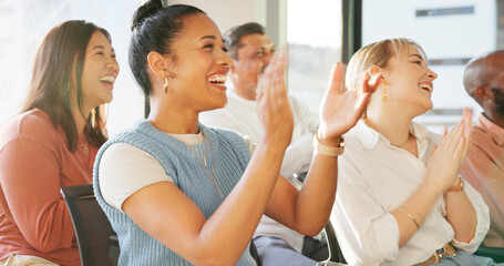 Crowd, women applause and meeting seminar, workshop and smile for happiness, celebrate or event....