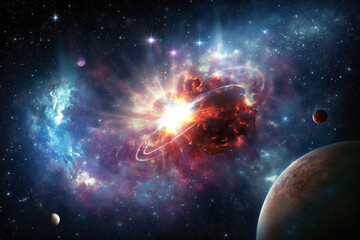 Obraz premium The universe with a spiral-spinning galaxy in the center, Generative AI