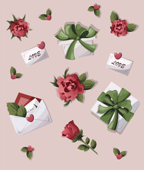set of images for congratulations from gifts with a green gift ribbon, an envelope with a card, roses, a card with a wish, a heart on a pink background in a flat style