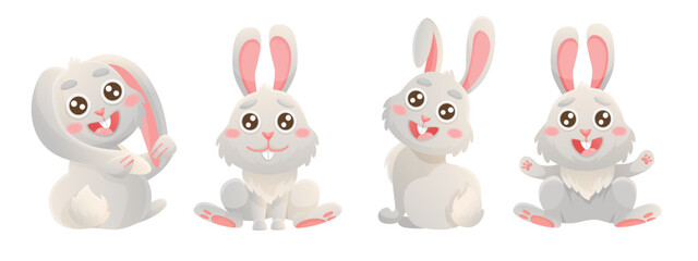 Obraz premium Cartoon set of cute bunnies. Banner with vector illustrations. Vector grey bunny is sitting, jumping in cute poses