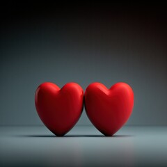Two red hearts side by side. Light green-gray background with shading. Created using generative AI and image editing software.
