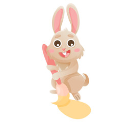 Cartoon Easter rabbit painting egg. Vector holiday illustration on white isolated background.