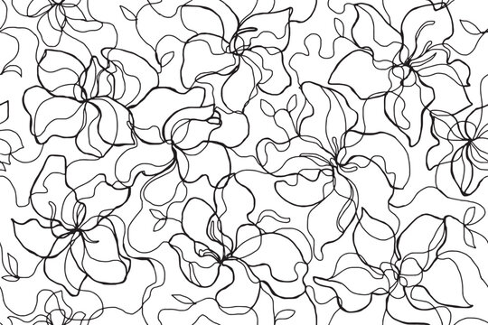 Seamless semi-abstract botanical drawing pattern, minimal floral line drawing repeat pattern, hand drawing ink flower wallpaper, simple black and white textile pattern
