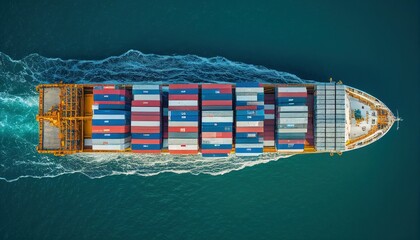 Aerial view from drone, Container ship or cargo shipping business logistic import and export freight transportation by container ship in the open sea, freight ship boat. Generative AI